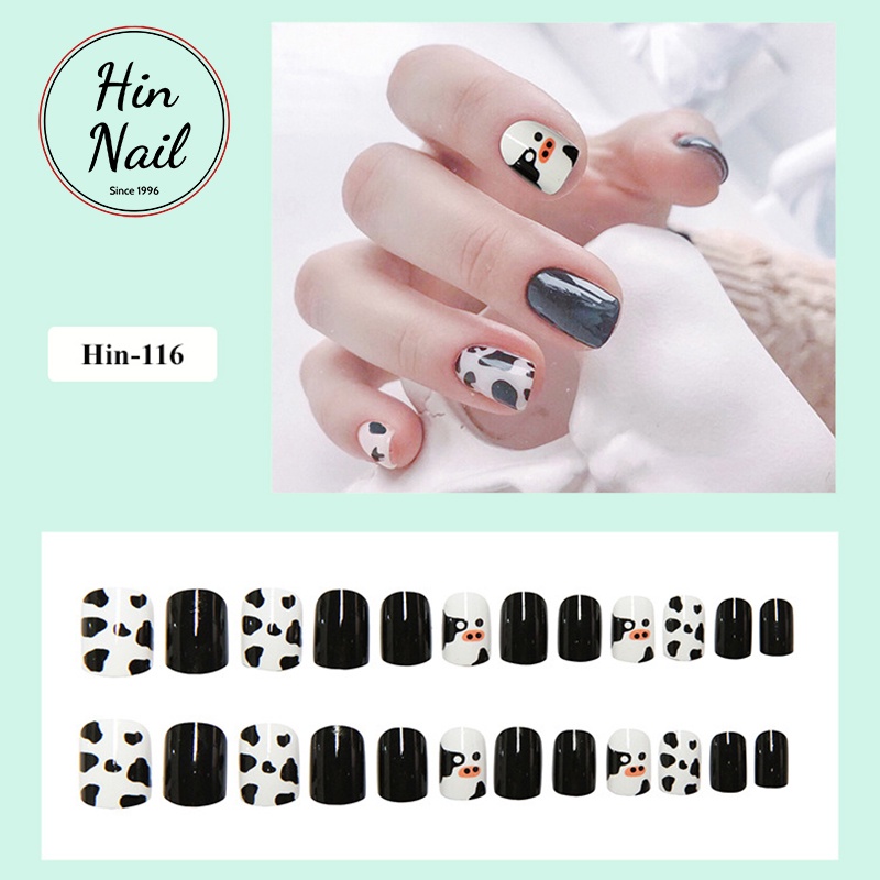 móng giả kèm keo dán Hin Nail nails box 24 móng tay giả họa tiết bò sữa