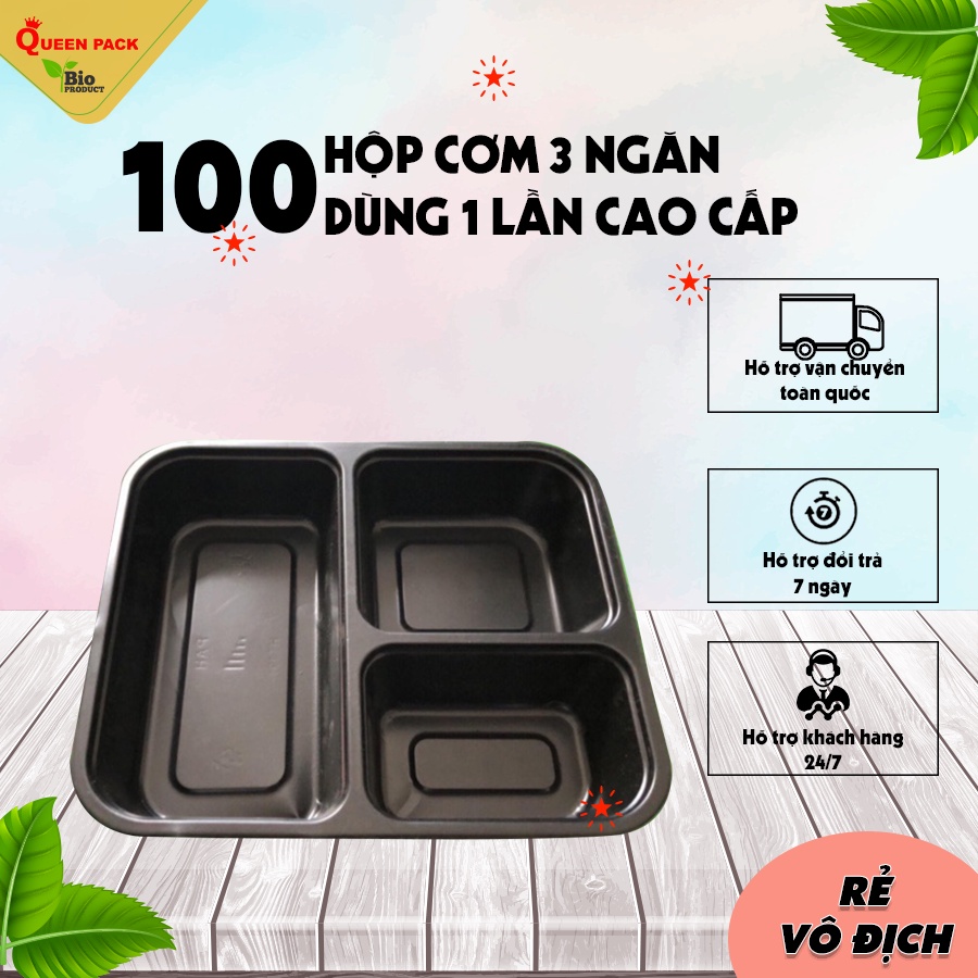 SET 100 cái hộp cơm nhựa đen 3 ngăn KT 19x22x4cm Kèm nắp NHỰA PET  dùng cho văn phòng, quán ăn, nhà hàng