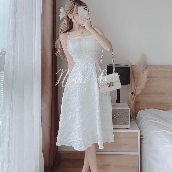 Đầm hai dây dự tiệc phối voan dáng dài cực sang chảnh phong cách tiểu thư dịu dàng