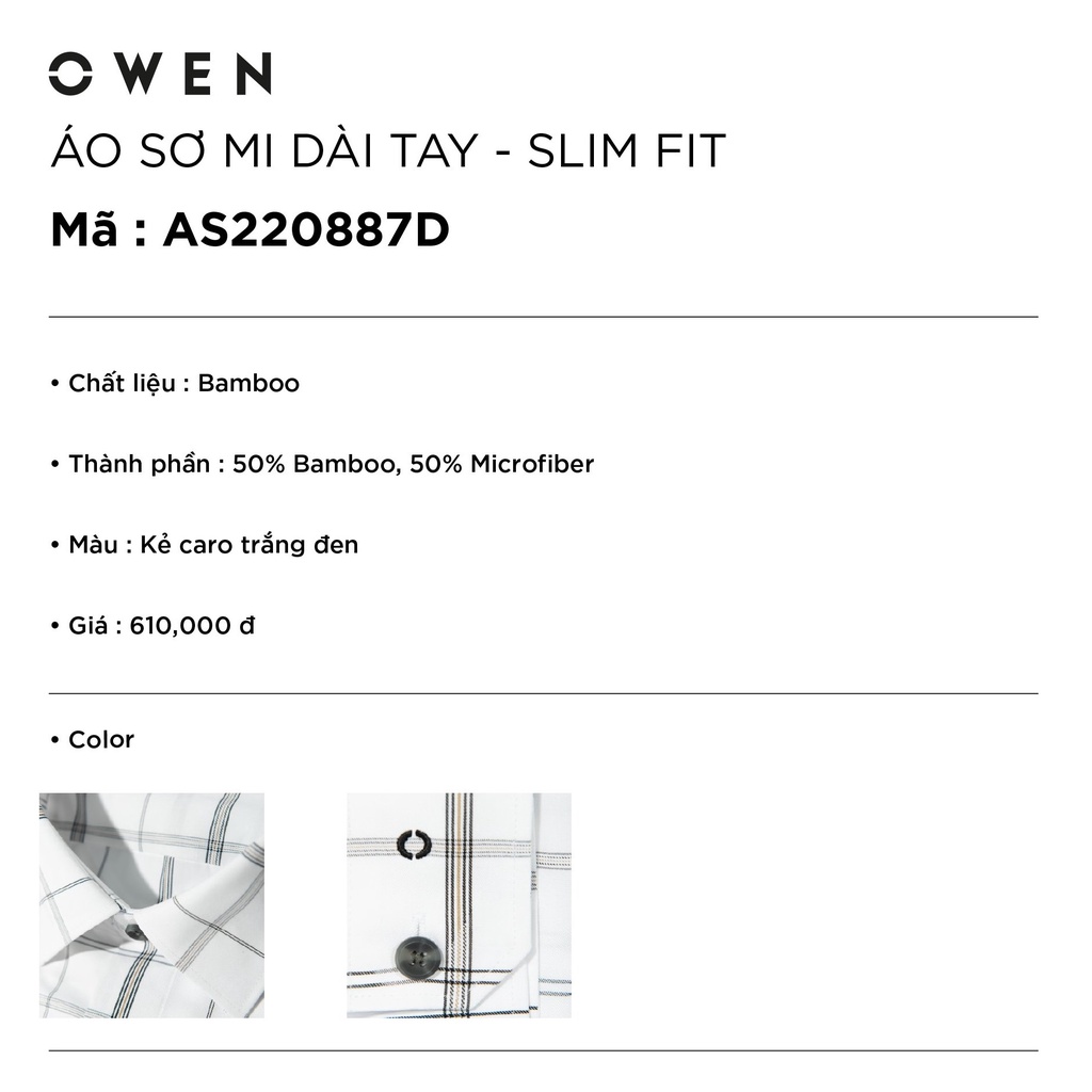 Áo Sơ Mi Nam Dài Tay OWEN AS220887D Somi Công Sở Vải Sợi Tre Cao Cấp Màu Kẻ Caro Trắng Đen Dáng Ôm Tà Lượn Không Túi