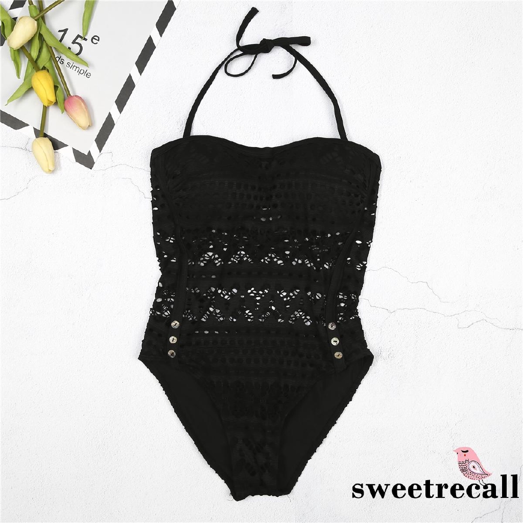 Đồ bơi một mảnh 2 dây trang trí ren xuyên thấu màu đen gợi cảm cho nữ | BigBuy360 - bigbuy360.vn