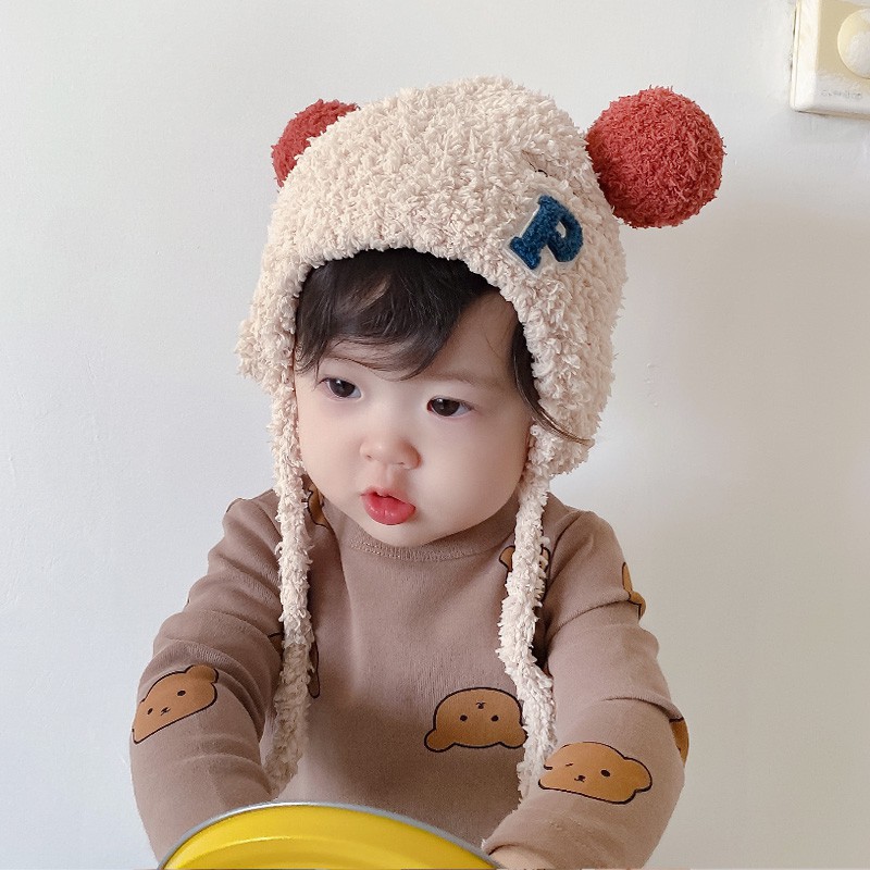 Mũ trùm đầu dệt kim phối banh lông đáng yêu dành cho trẻ em