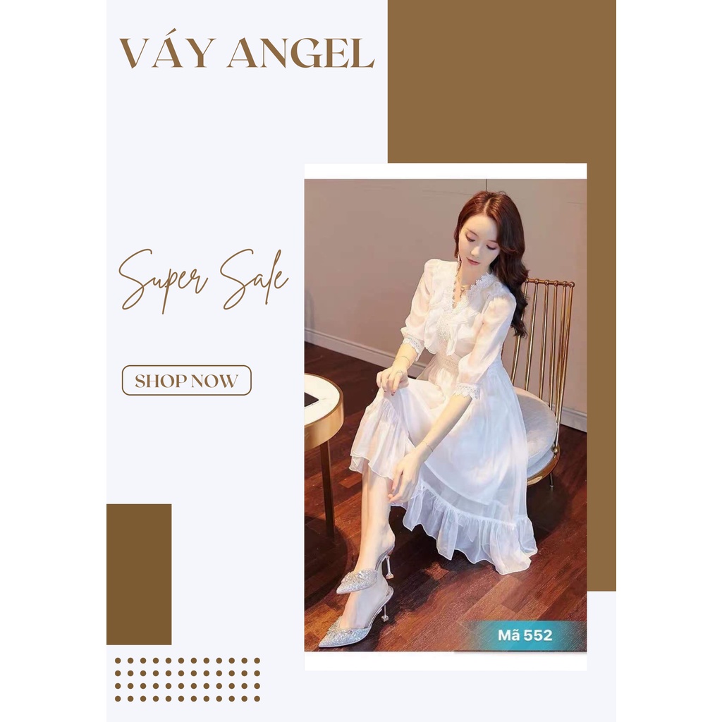 Đầm váy Angel trắng xòe dáng dài tiểu thư cổ V phối ren, chất liệu vải voan cao cấp lót lụa đủ size V552
