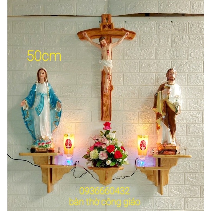 BỘ BÀN THỜ 3 KỆ GỖ THÔNG SOLE +TƯỢNG ĐỨC MẸ THÁNH GIUSE CAO 50CM VÀ THÁNH GIÁ CHÚA 66CM TƯỢNG CÔNG GIÁO COMPOSITE