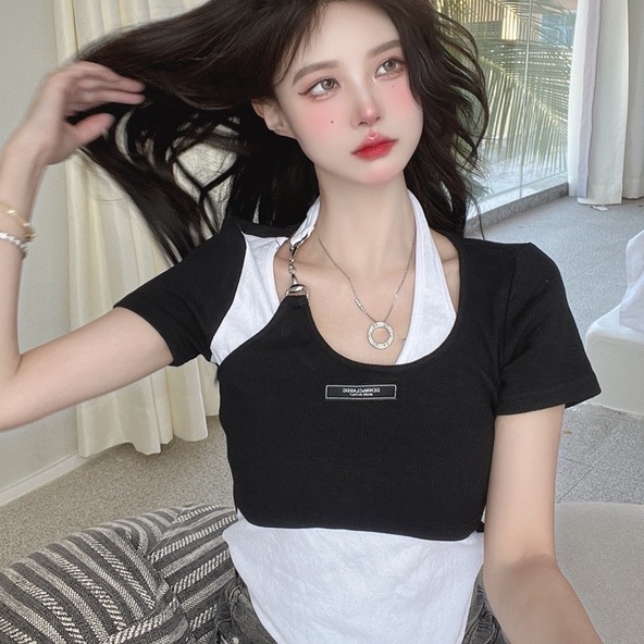 【ZHELIHANGFEI】 Áo Thun Tay Ngắn Giả Hai Lớp Màu Sắc Tương Phản