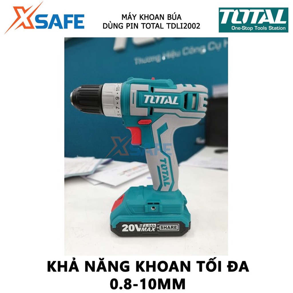 Máy khoan pin cầm tay 20V TOTAL TDLI2002 hai tốc độ 400-1500v/p, đầu khoan khóa tự động khóa trục chính, kèm 2 pin 1 sạc