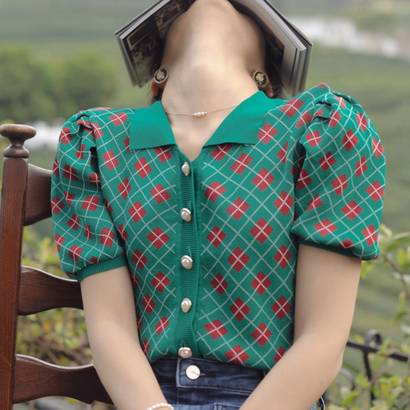 Áo Sweater chui đầu màu sắc hình thoi kiểu Pháp dễ thương 178220Áo cổ bẻ tay phồng chất liệu lụa thời trang mùa hè cho nữ | BigBuy360 - bigbuy360.vn