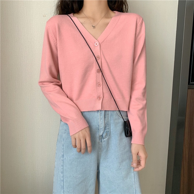 Áo khoác cardigan cổ chữ v tay dài màu sắc trẻ trung phong cách hàn quốc
