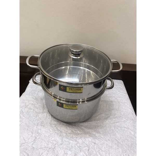Bộ nồi xửng hấp inox  2 tầng nắp kính và nắp inox đun bếp  từ Vietcook size 24,26,28,30,32 ,Xửng chõ hấp bánh đồ xôi