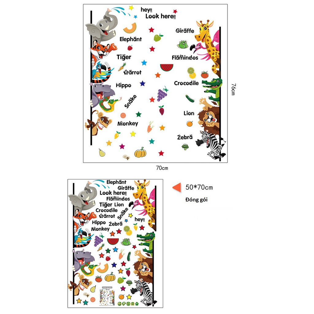 Decan dán tường cho bé yêu vườn thú tiếng anh 4 Amyshop - chất liệu PVC cao cấp, bền đẹp