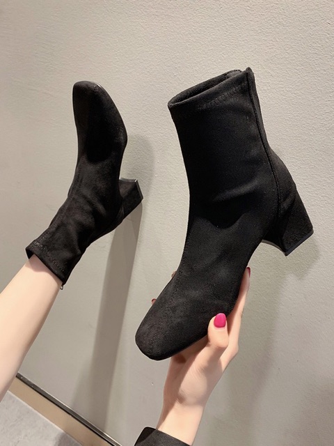 [Có Sẵn] Boots nữ cổ ngắn da lộn gót vuông cao 6cm có khoá kéo