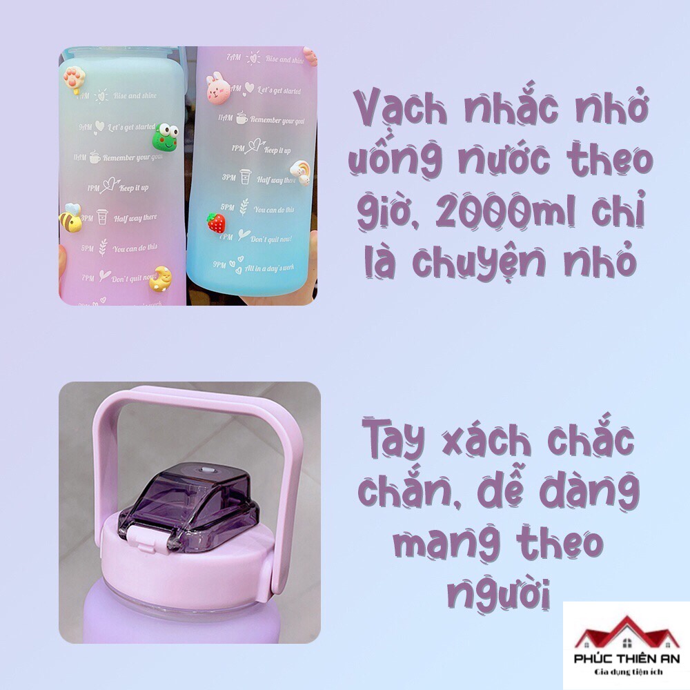 Bình nước 2L có chia vạch nhắc nhở - Siêu dễ thương
