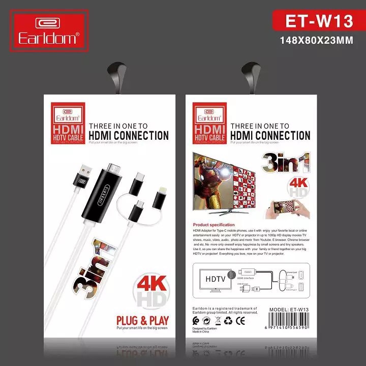 Cáp chuyển HDMI Earldom W13 cho điện thoại xuất hình ảnh video ra màn hình, máy chiếu ... Chất lượng 4K - Beetech