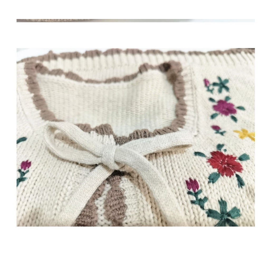 Áo Dệt Kim Sát Nách Thêu Họa Tiết Thắt Nơ Phong Cách Vintage Nhật Bản Cho Nữ