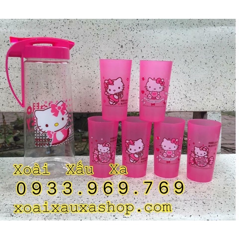 bộ bình nhựa + 6 ly hình mèo Hello kitty dễ thương