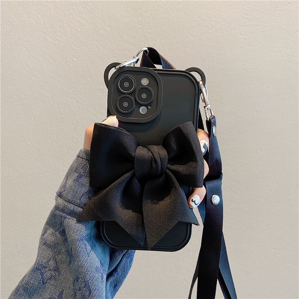 Ốp Điện Thoại Dẻo In Hình Nơ 3D Có Dây Đeo Chéo Cho iPhone 14 Pro Max Plus 12 13 11 Pro Max X XR