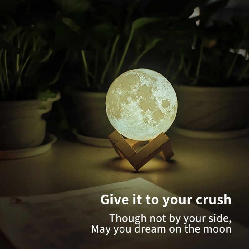 J3-VN 3D Moon Shaped Lamp 2 Colors Rechargeable USB Night Light Beautiful Sensitive Light with Wooden Stand for Room Christmas Gift