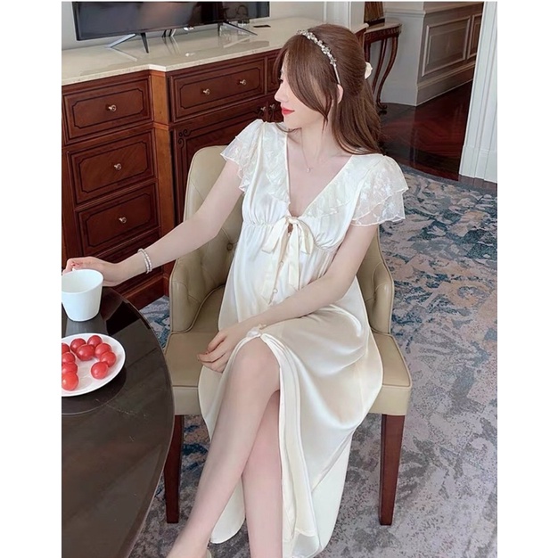 {Hàng cao cấp QC}VÁY NG Ủ CÔNG CHÚA TIỂU THƯ DÁNG DÀI_MÀU NUDE,LỤA  MỀN MỊN MÁT, HÃNG STUDIO