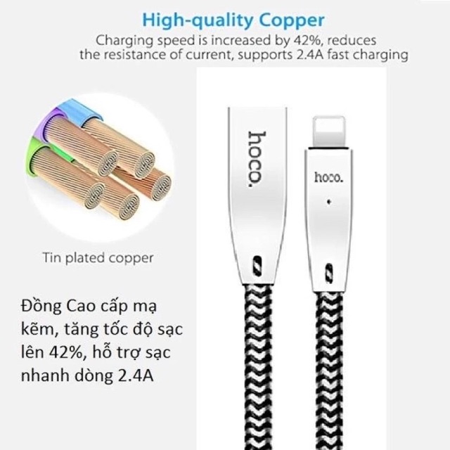 Cáp Sạc nhanh tự ngắt cho Iphone Ipad chống rối chống đứt Hàng chính hãng Hoco U11 có đèn led