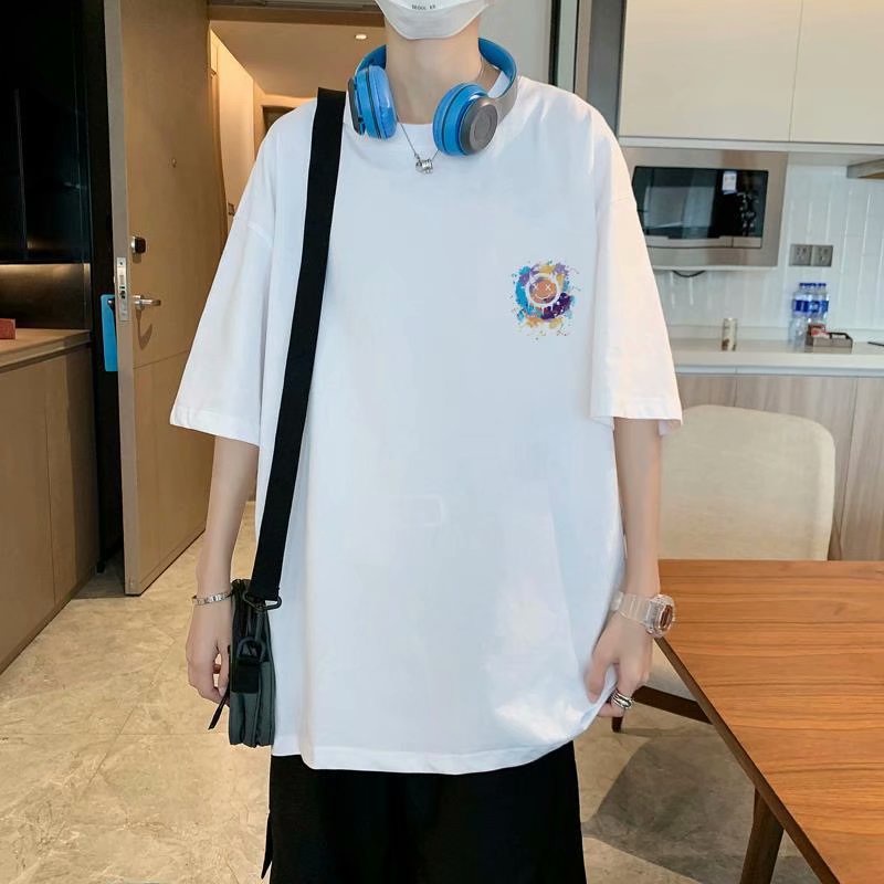 Áo thun tay ngắn dáng rộng in hình mặt cười phong cách mùa hè thời trang cho nam