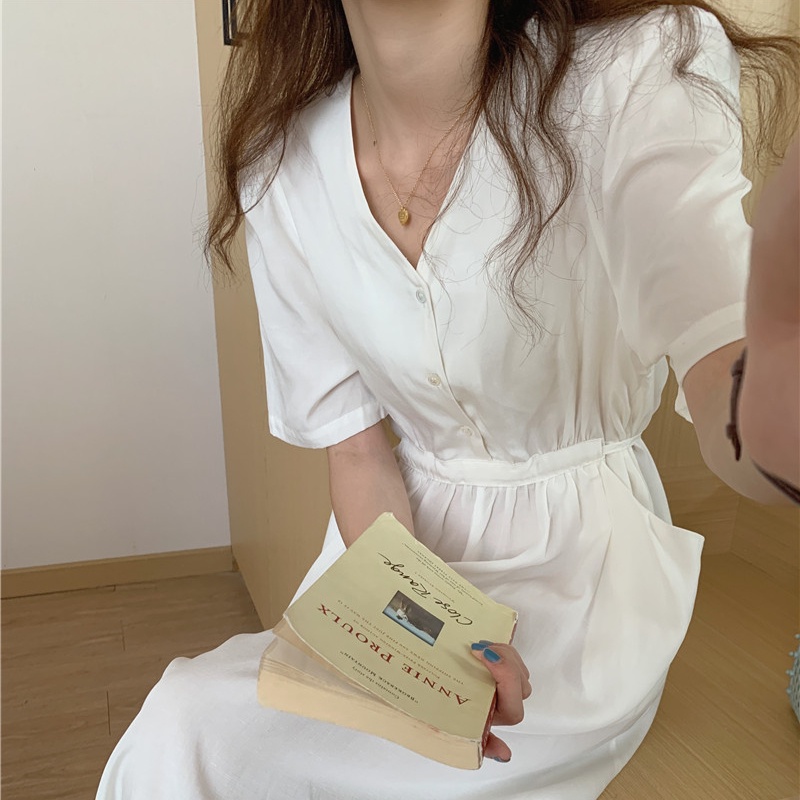 SUXI Đầm Midi Cổ Chữ V Màu Sắc Đơn Giản Phong Cách Hàn Quốc Cổ Điển Thời Trang Cho Nữ