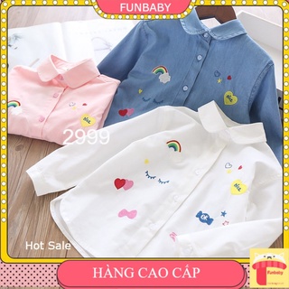 Sơ mi bé gái dài tay 3-12 tuổi thêu nhiều hình, Áo sơ mi cho bé chất liệu vải thô cao cấp kiểu dáng thời trang
