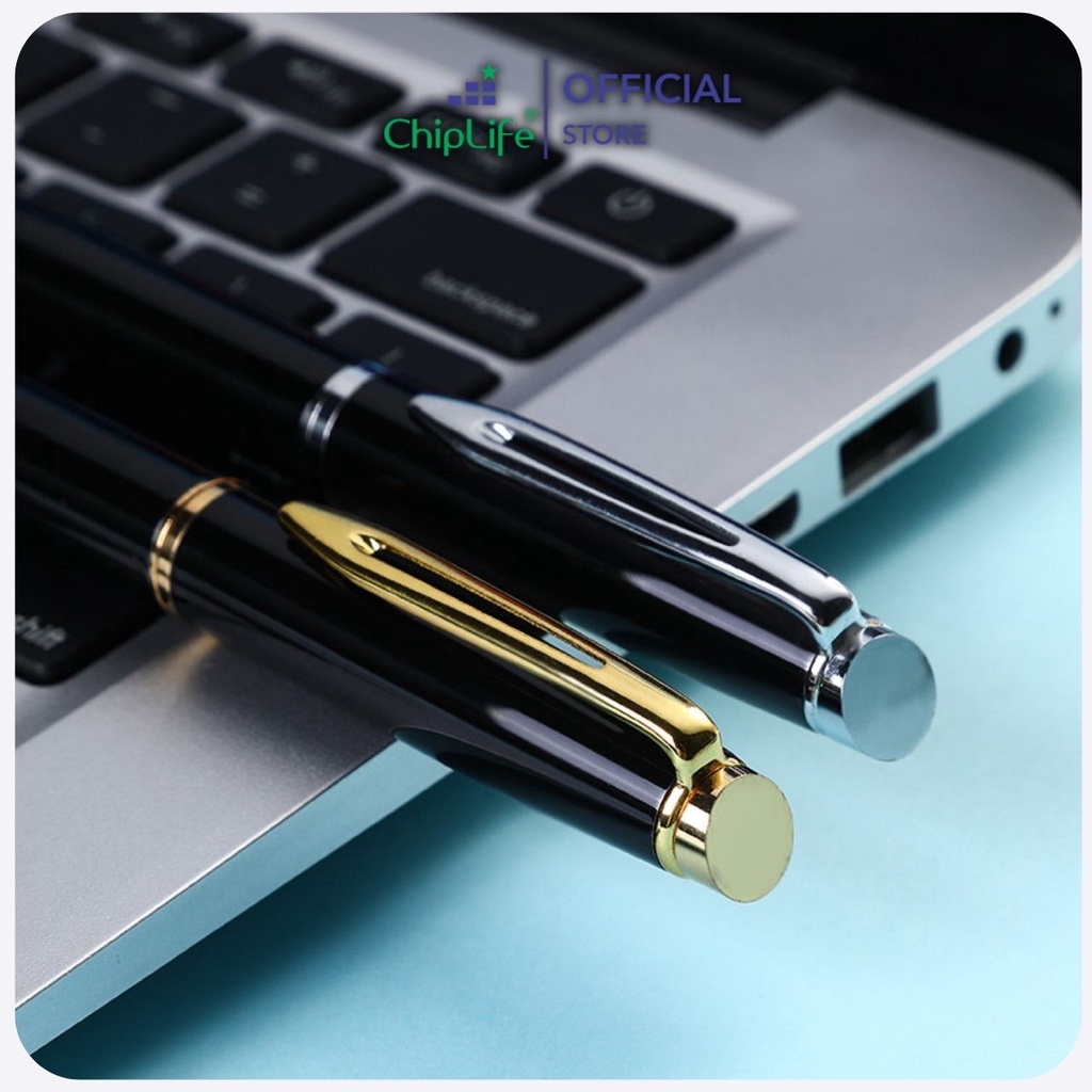 Bút kim loại nắp CHIPLIFE khắc tên P026 - ngòi 0.5mm đen viền vàng Pemall mực xanh