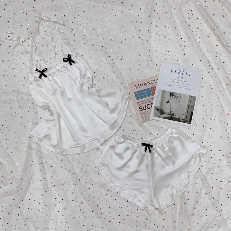 Bộ ngủ 2 dây nữ nơ thắt vai lụa satin mềm mịn