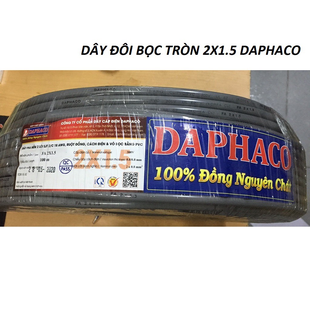 DÂY ĐIỆN ĐÔI 2X1.5 DAPHACO CÓ BỌC TRÒN,DÂY ĐÔI CÓ BỌC ĐƠN GIÁ THEO MÉT