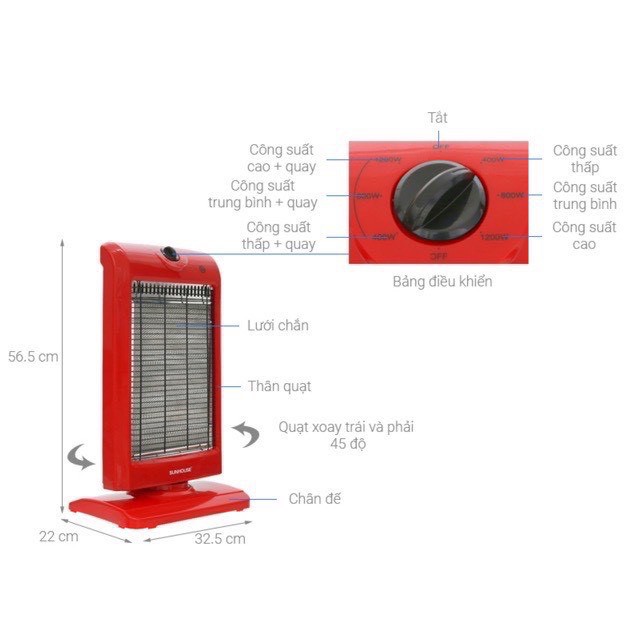 Đèn sưởi 3 bóng Sunhouse SHD7016, Máy sưởi sunhouse SHD7016, tốc độ làm ấm nhanh, tỏa nhiệt đềU