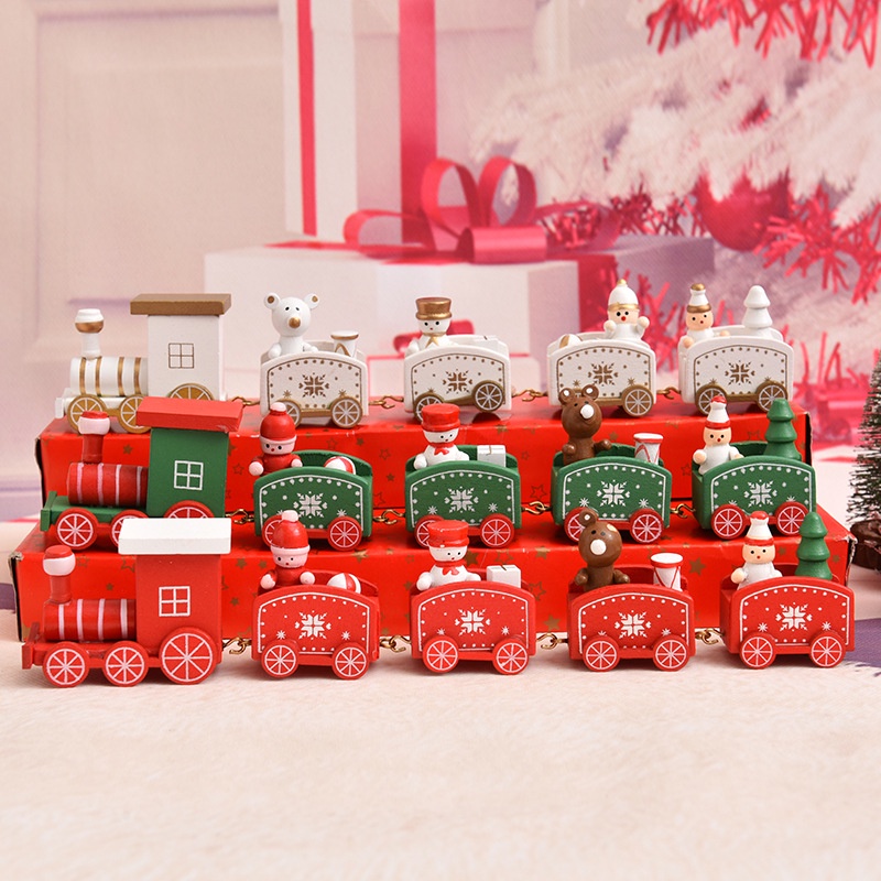 Trang trí Noel, quà tặng noel, set đoàn tàu nhỏ bằng gỗ trang trí giáng sinh