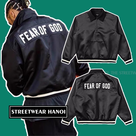 ™[STREETWEAR HANOI] - Áo Khoác Bomber FOG FEAR OF GOD Satin Half-Zip Coaches Jacket Black ,Bomber ja