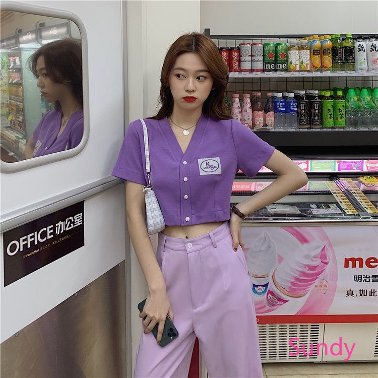 Áo Croptop Màu Trơn Cổ Chữ V Thời Trang Mùa Hè Ngọt Ngào Cho Nữ