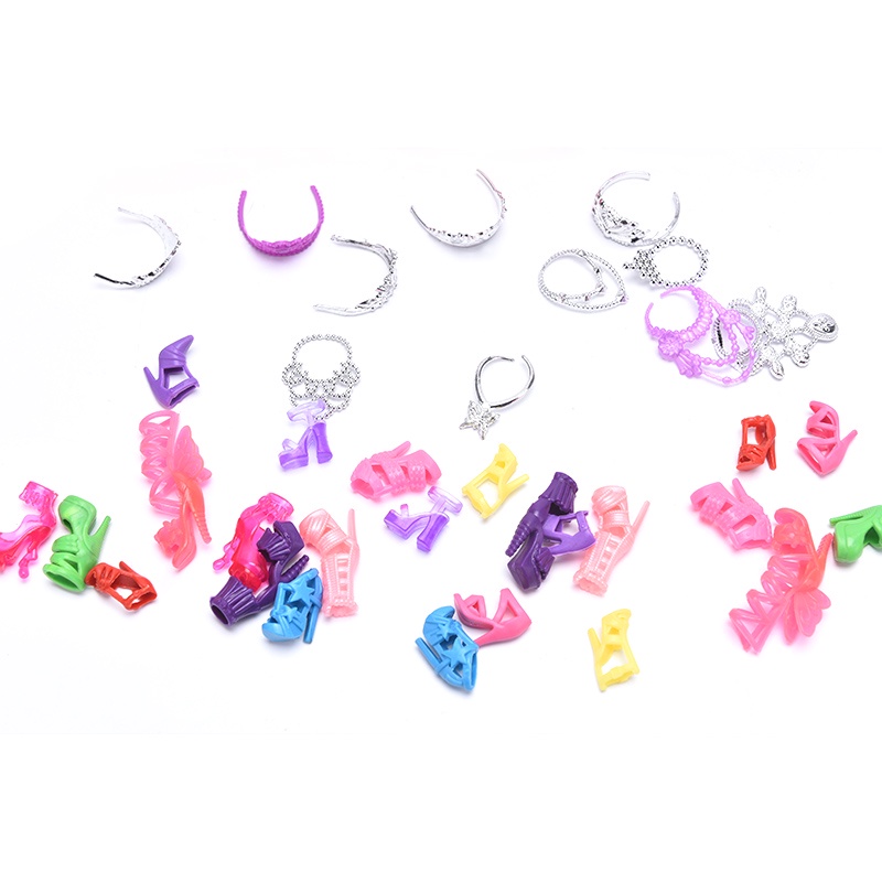 Set 35 Váy 12 Đôi Giày Cao Gót + 5 Vương Miện + 6 Dây Chuyền Cho Búp Bê Barbie