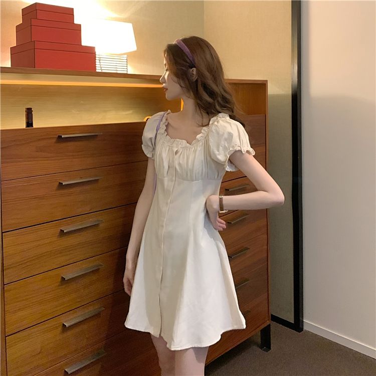 Đầm Trắng Ngắn Tay Phong Cách Retro Pháp Thanh Lịch Cho Nữ