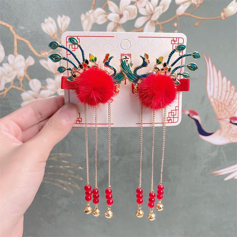 1 Cặp Kẹp Tóc Hình Nơ Tai Mèo Màu Đỏ / Hồng / Xanh Dương Kiểu Hán Phục Trung Hoa Dễ Thương Cho Bé Gái