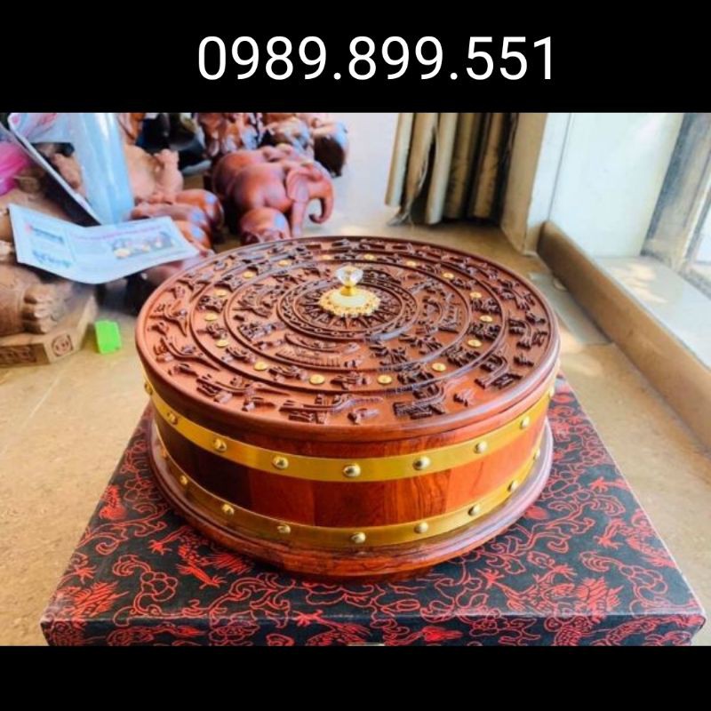 Khay bánh kẹo trống đồng gỗ hương