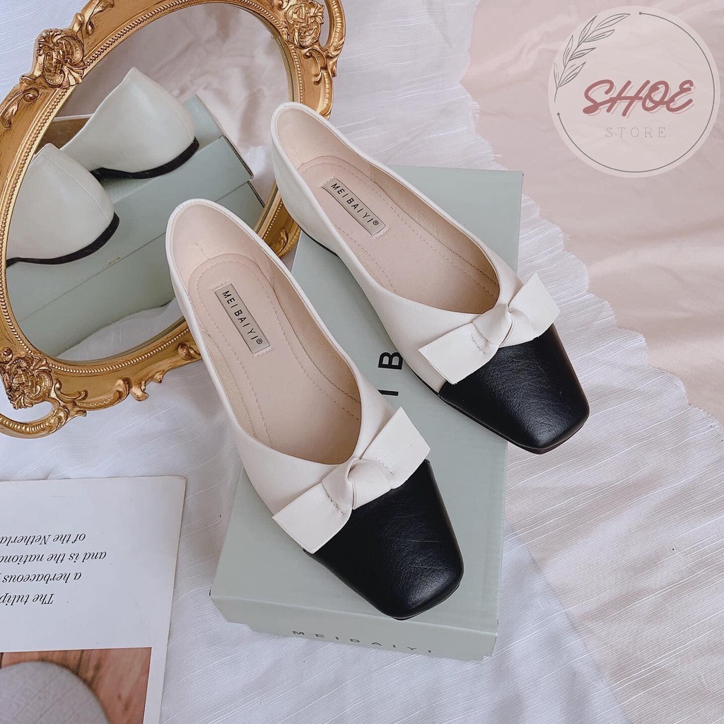 Bệt mũi tù nơ phối đen trắng kem bò K85-21A