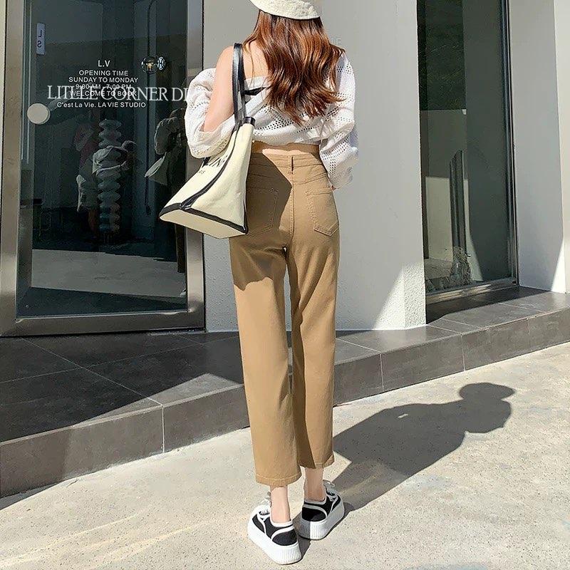 Quần kaki nữ có BIGSIZE ly giữa co dãn nhẹ ống suông ôm baggy 2 màu đen kaki basic lưng cao
