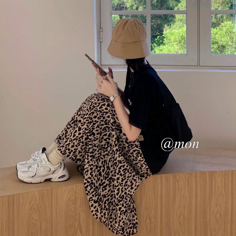 2101397 Chân váy midi nữ dáng xòe ulzzang họa tiết da báo freesize màu be đen xinh xắn | BigBuy360 - bigbuy360.vn