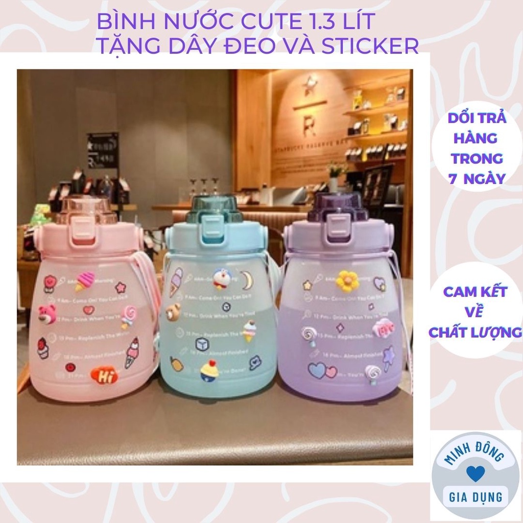 Bình nước cho bé 1300ml cute có ống hút chia vạch, Bình nước 1300ml có dây đeo cho bé đi học