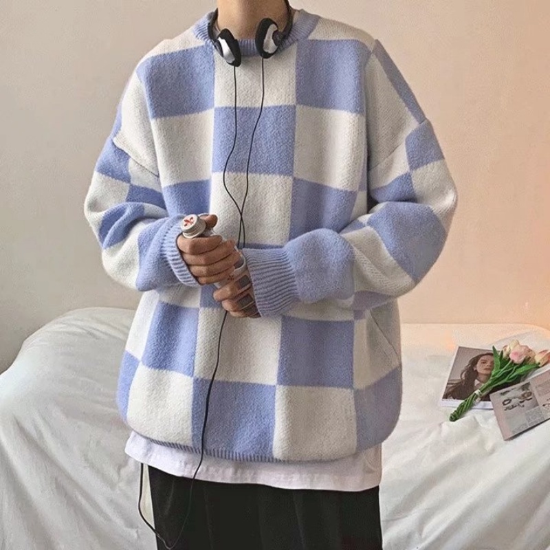 Áo sweater cổ tròn dáng rộng kẻ sọc ca rô phong cách Hàn Quốc retro thời trang cho cặp đôi