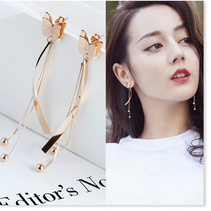 Bông tai titan bướm phun cát form dài TT983 - CAM KẾT KHÔNG GỈ, KHÔNG BAY MÀU - BẢO HÀNH 12 THÁNG