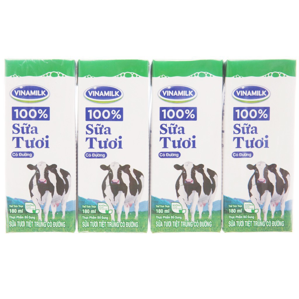 Lốc 4 hộp sữa tươi Vinamilk 100% Sữa Tươi 180ml DATE 2021