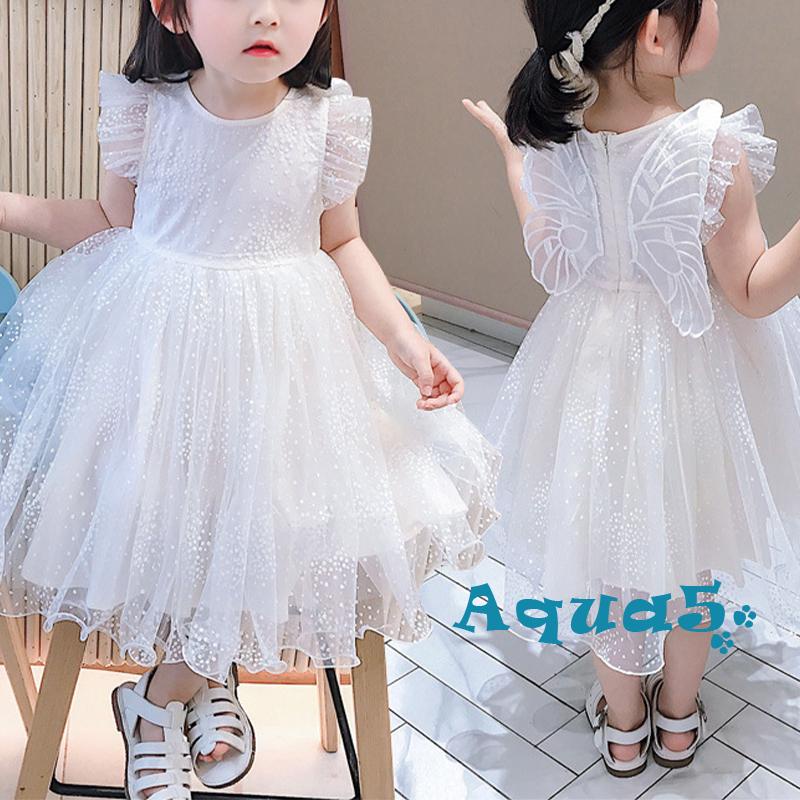 Đầm Công Chúa Tay Ngắn Phối Bèo Họa Tiết Chấm Bi Xinh Xắn Cho Bé Gái