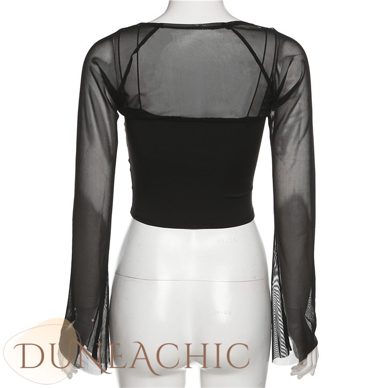 DUNEA Áo Thun Tay Phối Lưới Màu Trơn Thời Trang Cho Nữ