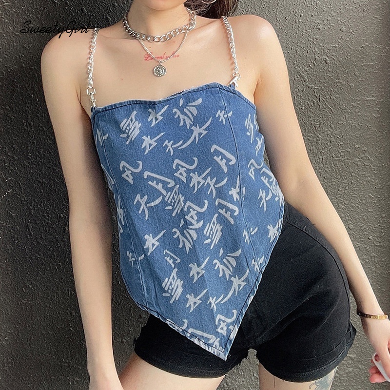 Áo tank top hai dây dáng ôm in chữ phối khóa kéo sau lưng thời trang cho nữ