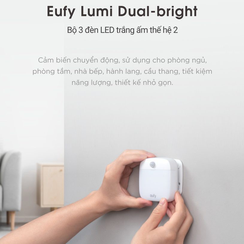 Bộ 3 Đèn cảm ứng eufy Lumi Stick-On gen 2, dùng Pin, 2 chế độ chiếu sáng