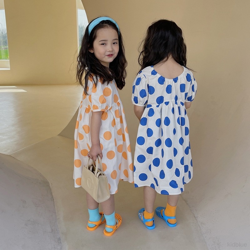 Đầm Công Chúa Tay Phồng Cổ Tròn In Họa Tiết Chấm Bi Màu Trắng Dễ Thương Phong Cách Hàn Quốc Thời Trang Mùa Hè Cho Bé Gái