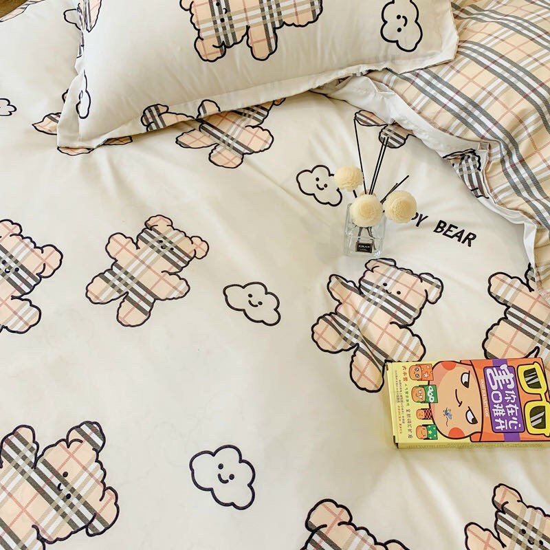 Bộ Chăn ga gối cotton poly Emmidecor - mẫu gấu tendi kẻ trắng